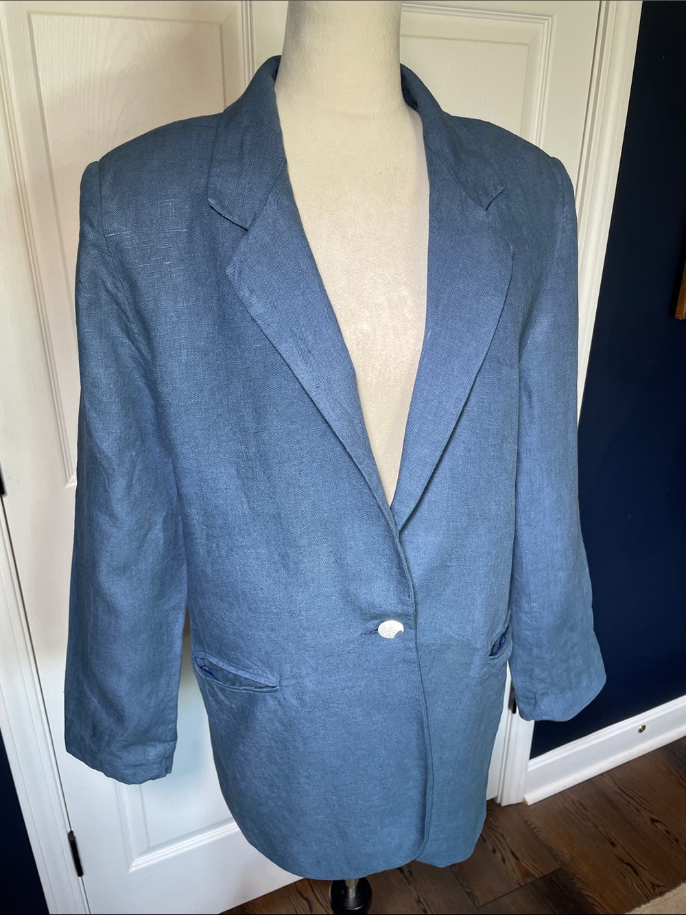 Vintage 90s Sake Linen Blue Grey Single-Button Blazer Lined Size 12